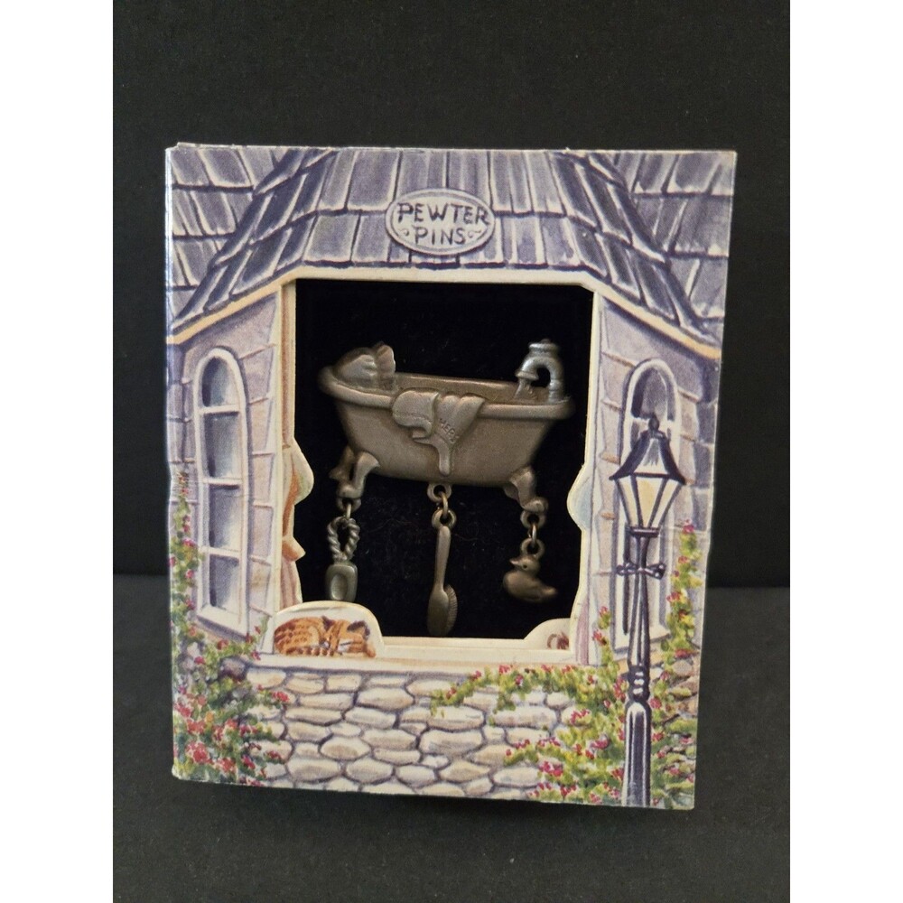 Vintage Lindsay Claire Designs Pewter Bathtub Pin Brooch Dangle Charms with Box